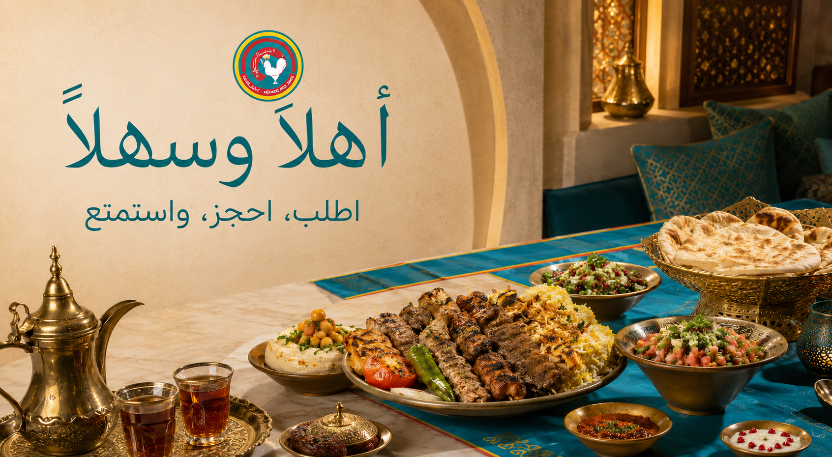 سفرة عربية بهوية مطعم أهلاً وسهلاً التركواز